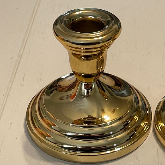 Pair of 3 1/2” VINTAGE F B ROGERS SILVER PLATE CANDLE HOLDERS Gold Tone JAPAN - Picture 3 of 10